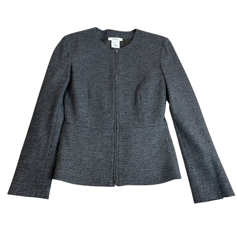 MaxMara Pure New Wool Herringbone Full Zip Peplum Jacket Grey Charcoal Size 8